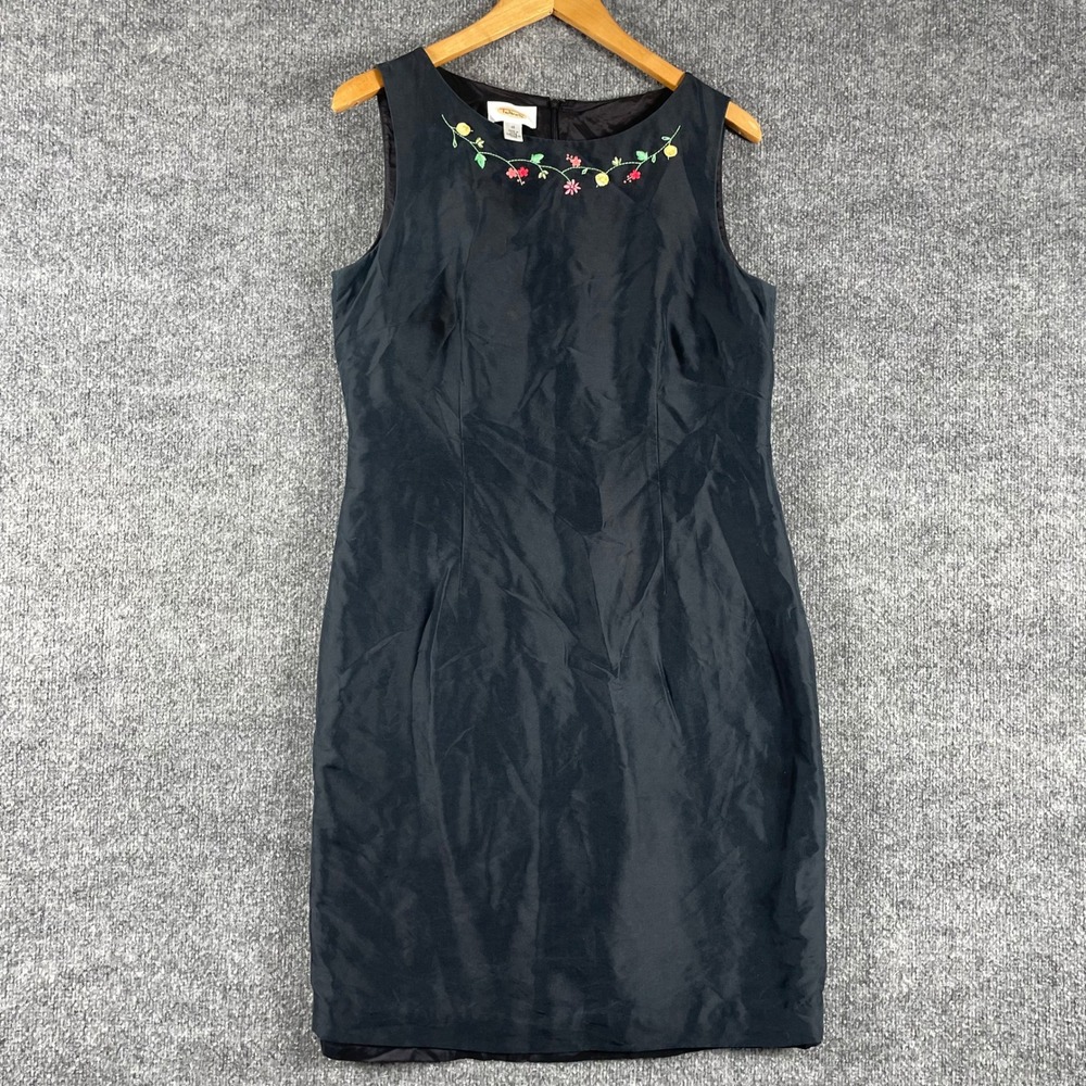 Vintage Talbots Dress Womens 12 Black Silk Floral Embroidered Sleeveless Sheath